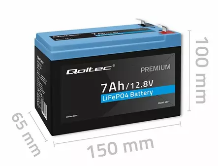 QOLTEC Li-FePO4 | 12,8V | 7Ah | 150x65x100mm - Litium akut - 53711 - 2