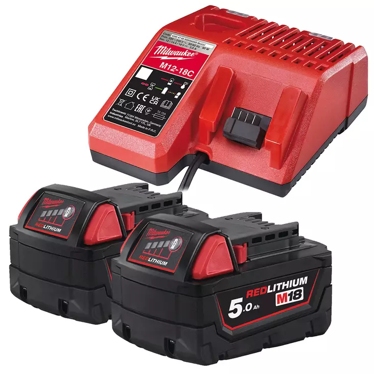 Milwaukee Akkupaketti Laturilla, 2x B5 5Ah akku + 12-18C laturi | IS-Tarvike Special - Milwaukee Akut ja Laturit - MWAKKU2X11 - 1