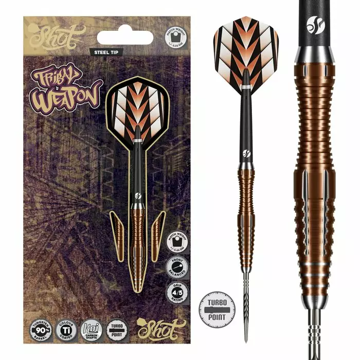 Shot Tribal Weapon 1 Turbo Point 90 % tungsten darts-tikat, pronssi-hopea, Scallop-grippi ja vaihdettavat teräskärjet - Shot Darts Tikat - SH-TWTP-123 - 1